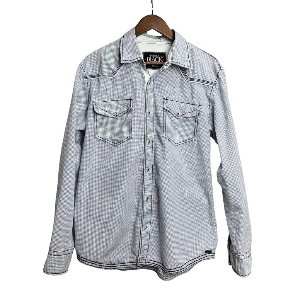 Men's Buckle Blue & White Long Sleeve Snap Button-Up Shirt - Slim Fit - Large